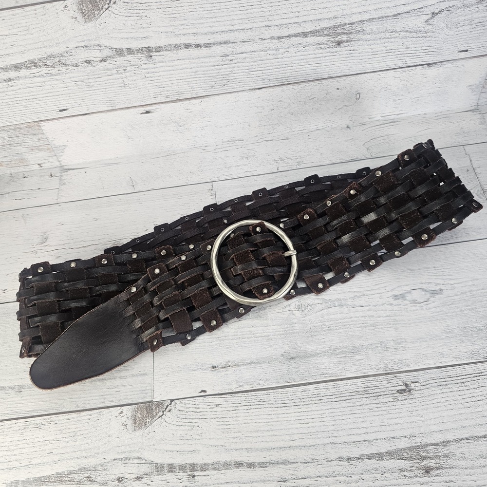 Leather Belt Womens Large/XL Brown Perforated Braid Woven Festival Round Silver